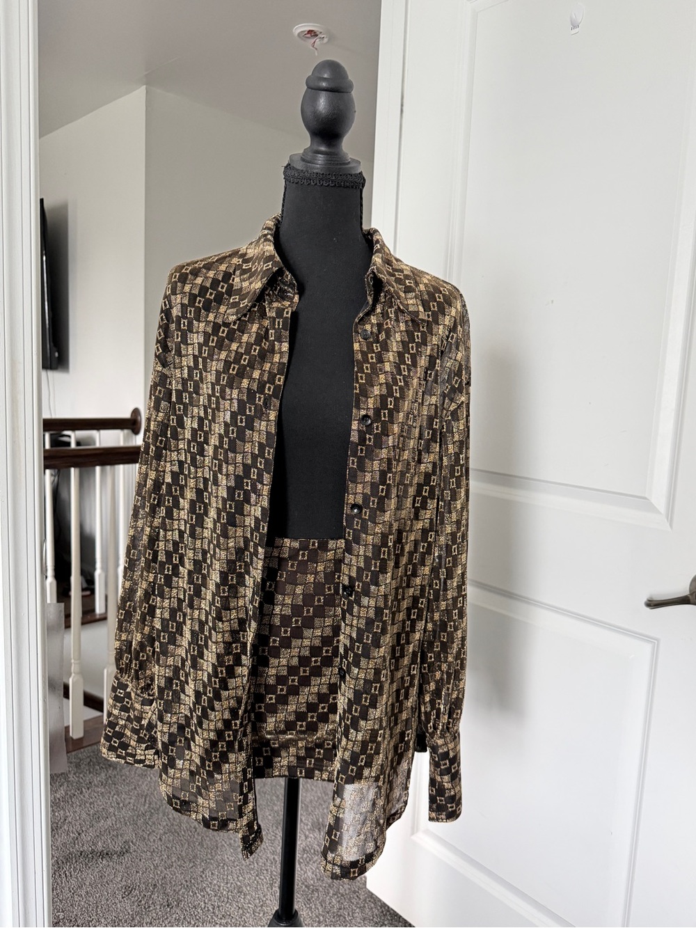 Geometric Print Button-Up Shirt with matching skirt  in Brown and Gold